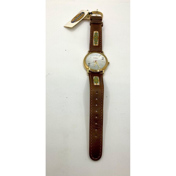Fossil Motor Watch Oil Can New Old Stock Logo Leather Band New Battery Installed - Picture 5 of 7